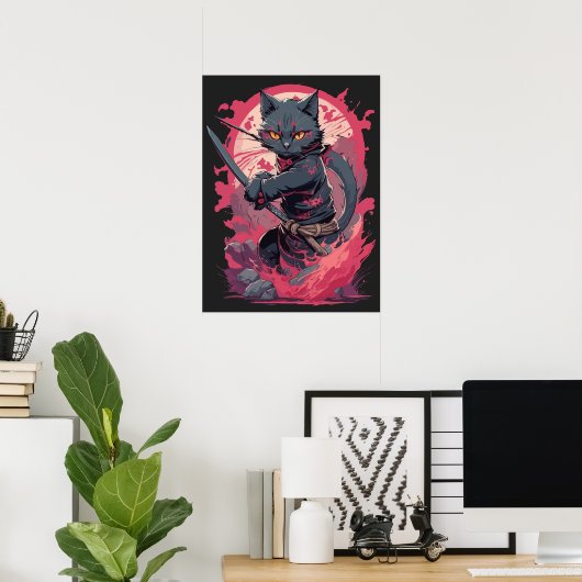 Schattige Fire Splash Black Ninja Cat Warrior Poster (Thuiskantoor)