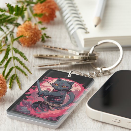 Schattige Fire Splash Black Ninja Cat Warrior Sleutelhanger (Voorkant Rechts)