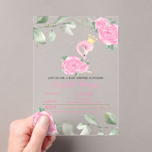 Schattige Flamingo, Bladeren, Bloemige Baby Shower Acryl Uitnodigingen