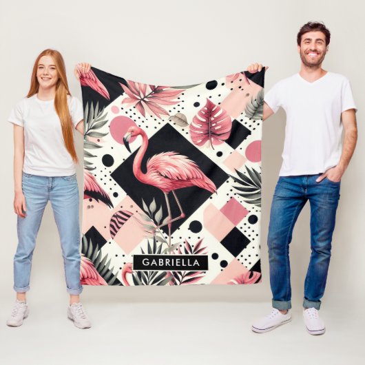 Schattige Flamingo Geometrisch Fleece Deken (In situ)
