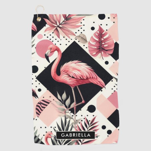 Schattige Flamingo Geometrisch Golfhanddoek (Voorkant)