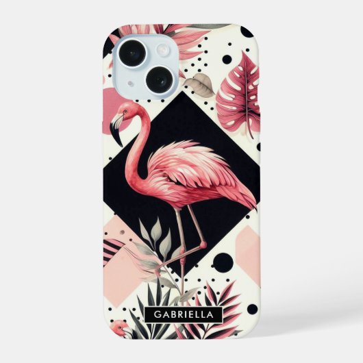 Schattige Flamingo Geometrisch iPhone 15 Case (Achterkant)