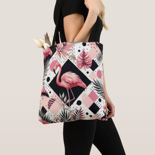 Schattige Flamingo Geometrisch Tote Bag (Dichtbij)
