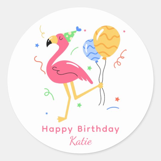 Schattige Flamingo Moderne Verjaardagsscript Ronde Sticker (Voorkant)