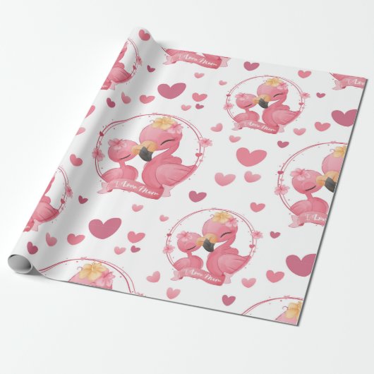 Schattige flamingo's ik hou van mama cadeaupapier (Uitgerold)