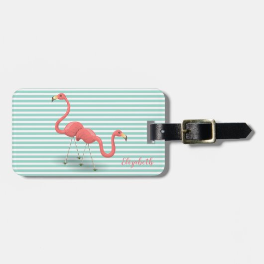 Schattige flamingo's op mintgroene witte strepen bagagelabel (Voorkant horizontaal)