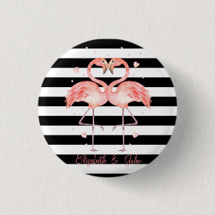 Schattige Flamingo's Verliefd ,Zwart Witte Strepen Ronde Button 3,2 Cm