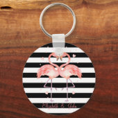 Schattige flamingo's Verliefd ,Zwart Witte Strepen Sleutelhanger (Voorkant)