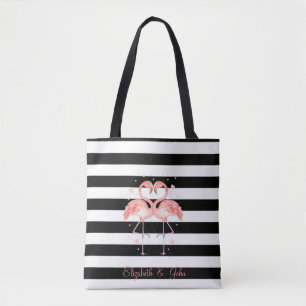Schattige Flamingo's Verliefd,Zwart Witte Strepen Tote Bag