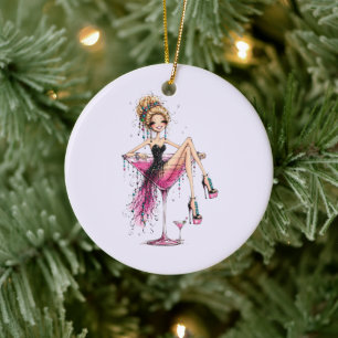Schattige Flirterige Dame in een Martini Glas Keramisch Ornament