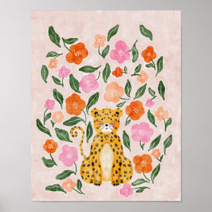 Schattige Floral Cheetah: charmante Waterverf Poster