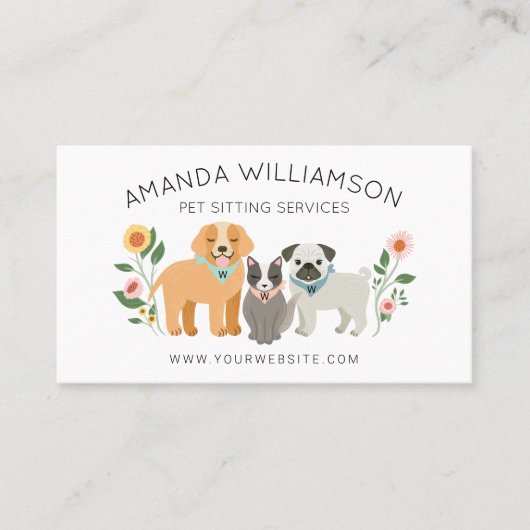 Schattige Floral Dog & Cat Pet Care Services White Visitekaartje (Voorkant)