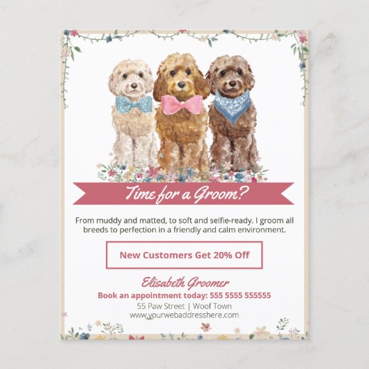 Schattige Floral Dog Groomer Flyer met cocaïne (Voorkant)