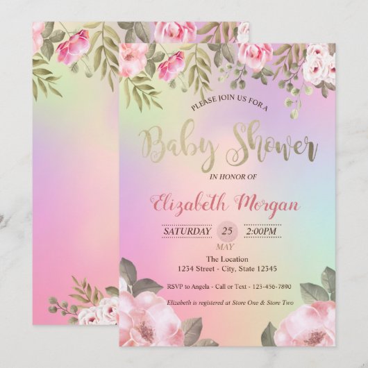 Schattige Floral Holographic Baby shower Invitatio Kaart (Voorkant / Achterkant)