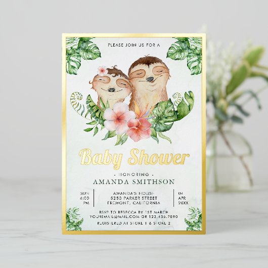 Schattige Floral  Twins Baby shower Gold Folie Uitnodiging (Staand Voorkant)