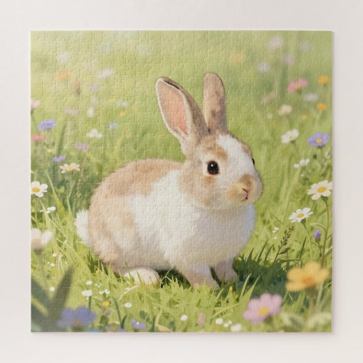 Schattige Fluffy Bunny Weide met Wilde Bloemen Legpuzzel (Verticaal)