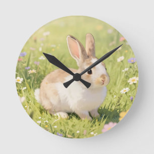 Schattige Fluffy Bunny Weide met Wilde Bloemen Ronde Klok