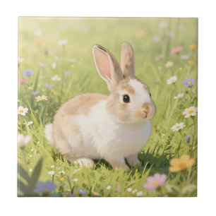 Schattige Fluffy Bunny Weide met Wilde Bloemen Tegeltje