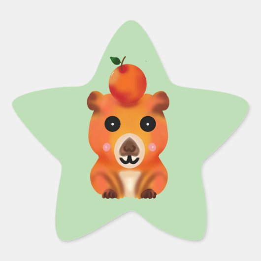 Schattige Fluffy Capybara met Sinaasappel | Kawaii Ster Sticker (Voorkant)