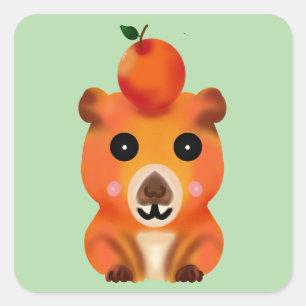 Schattige Fluffy Capybara met Sinaasappel   Kawaii Vierkante Sticker