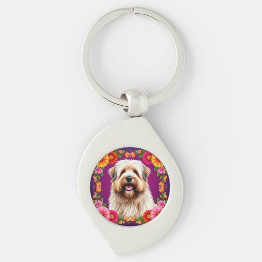 Schattige Fluffy Hond met Bloemen Sleutelhanger (Voorkant)