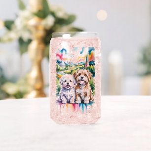 Schattige Fluffy Honden in Waterverf Stadpark Blikvorm Glas