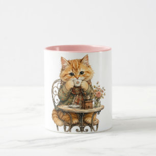 Schattige Fluffy Kat Drinkt Koffie Vintage Waterve Mok