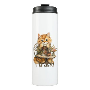 Schattige Fluffy Kat Drinkt Koffie Vintage Waterve Thermosbeker