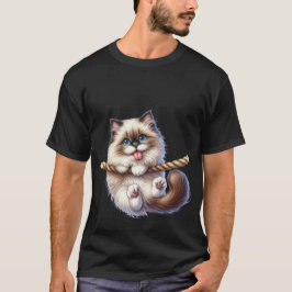 Schattige Fluffy Kat Hangend aan Touw Speelse Kuns T-shirt