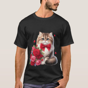 Schattige Fluffy Kat met Rode Rozen Boeket Kunst � T-shirt