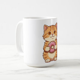 Schattige Fluffy Kat met Roze Donut Cartoon Koffiemok