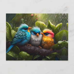 Schattige Fluffy Kleurrijke Vogels in de regen Briefkaart