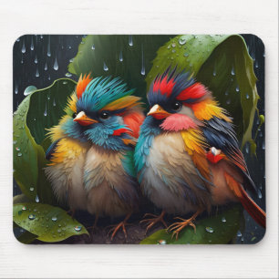 Schattige Fluffy Kleurrijke Vogels in de regen Muismat