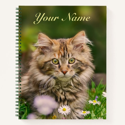Schattige Fluffy Maine Coon Kitten Cat in Bloemen  Notitieboek (Voorkant)