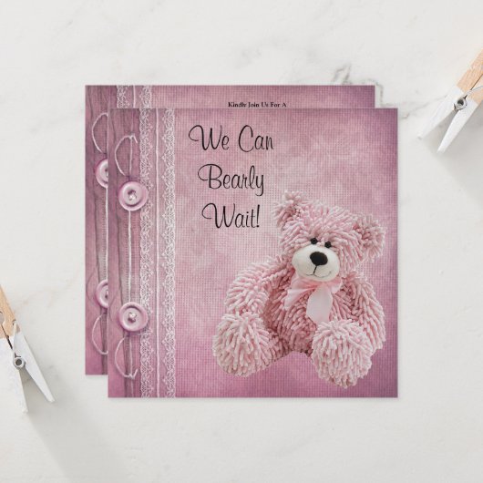 Schattige Fluffy Pink Teddy Baby shower Kaart (Voorkant / Achterkant in situ)