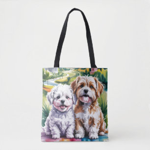 Schattige Fluffy Puppies in Watercolor City Park Tote Bag