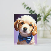 Schattige Fluffy Puppy met Cute Blue Bow Stropdas Briefkaart (Staand voorkant)