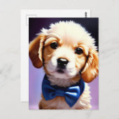 Schattige Fluffy Puppy met Cute Blue Bow Stropdas Briefkaart (Voorkant / Achterkant)