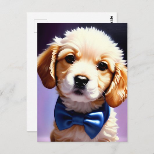 Schattige Fluffy Puppy met Cute Blue Bow Stropdas Briefkaart (Voorkant / Achterkant)