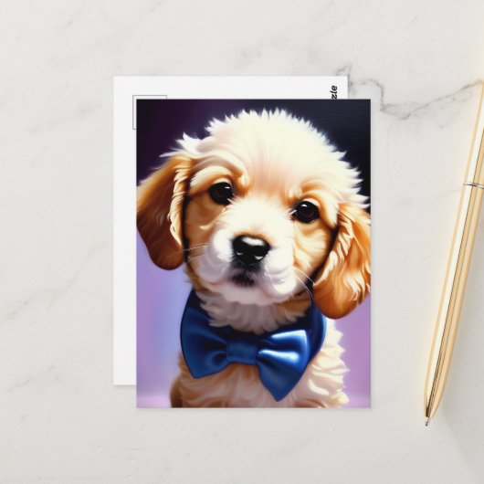Schattige Fluffy Puppy met Cute Blue Bow Stropdas Briefkaart (Voorkant / Achterkant in situ)