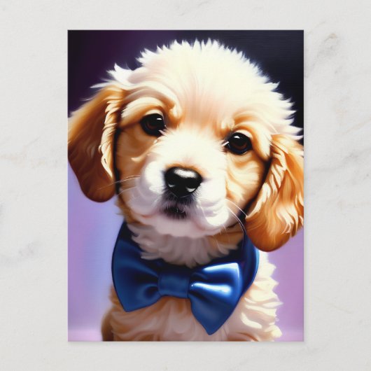 Schattige Fluffy Puppy met Cute Blue Bow Stropdas Briefkaart (Voorkant)