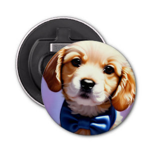 Schattige Fluffy Puppy met Cute Blue Bow Stropdas Button Flesopener