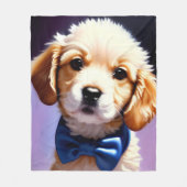 Schattige Fluffy Puppy met Cute Blue Bow Stropdas Fleece Deken (Voorkant)