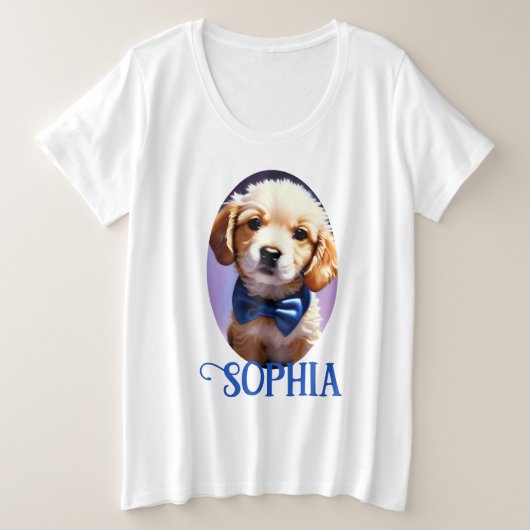 Schattige Fluffy Puppy met Cute Blue Bow Stropdas Grote Maat T-shirt (Design voorkant)
