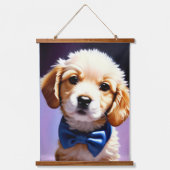 Schattige Fluffy Puppy met Cute Blue Bow Stropdas Hangend Wandkleed (Voorkant)