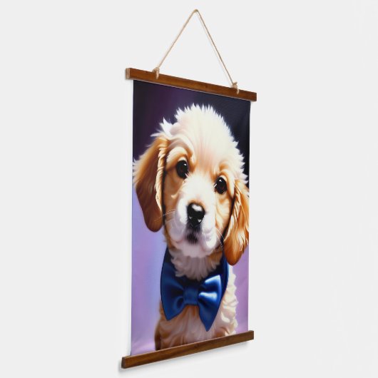 Schattige Fluffy Puppy met Cute Blue Bow Stropdas Hangend Wandkleed (Gebogen)