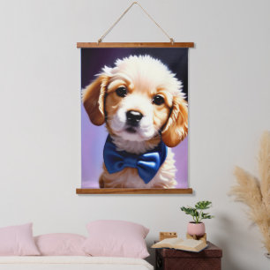 Schattige Fluffy Puppy met Cute Blue Bow Stropdas Hangend Wandkleed
