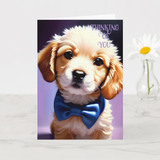 Schattige Fluffy Puppy met Cute Blue Bow Stropdas Kaart (Kleine Plant)
