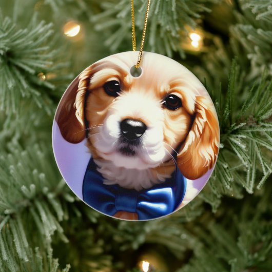 Schattige Fluffy Puppy met Cute Blue Bow Stropdas Keramisch Ornament (Boom)