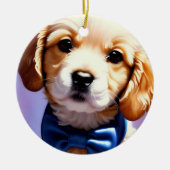 Schattige Fluffy Puppy met Cute Blue Bow Stropdas Keramisch Ornament (Voorkant)